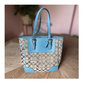 Coach Signature Gallery Lunch Tote Khaki Blue Leather Y2K Vintage Bag F10659
